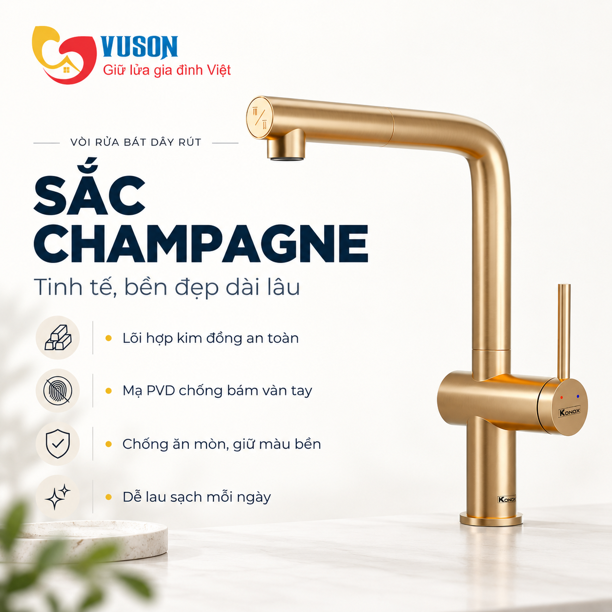 Vòi rửa bát dây rút Konox Stream Smart Champagne