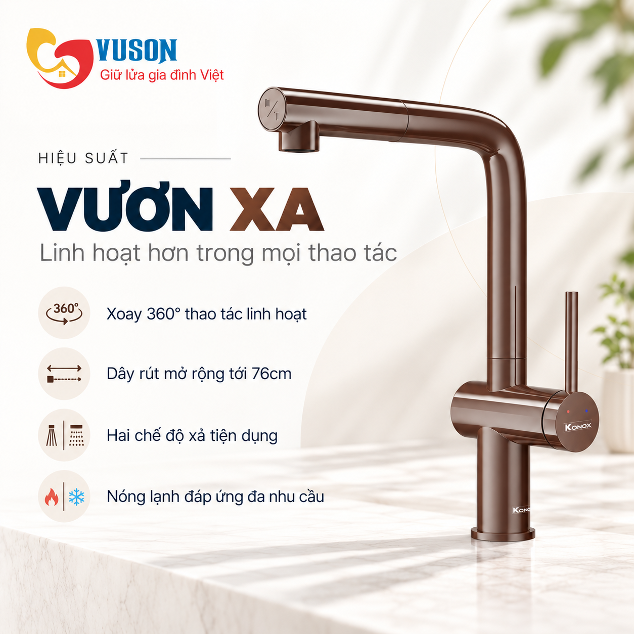 Vòi rửa bát dây rút Konox Stream Smart Choco