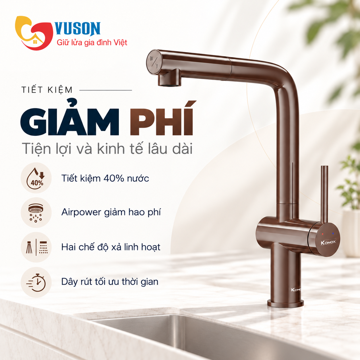 Vòi rửa bát dây rút Konox Stream Smart Choco