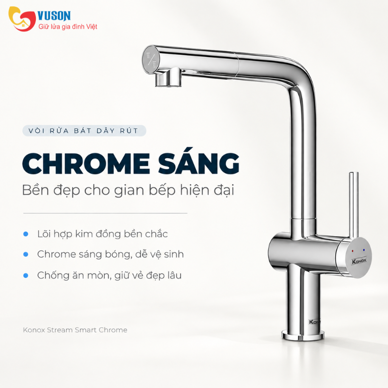 Vòi rửa bát dây rút Konox Stream Smart Chrome