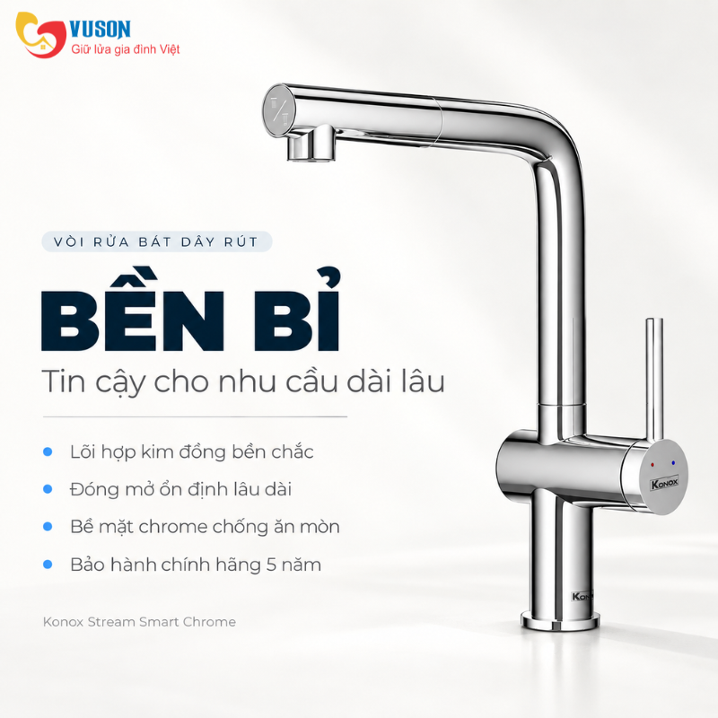 Vòi rửa bát dây rút Konox Stream Smart Chrome