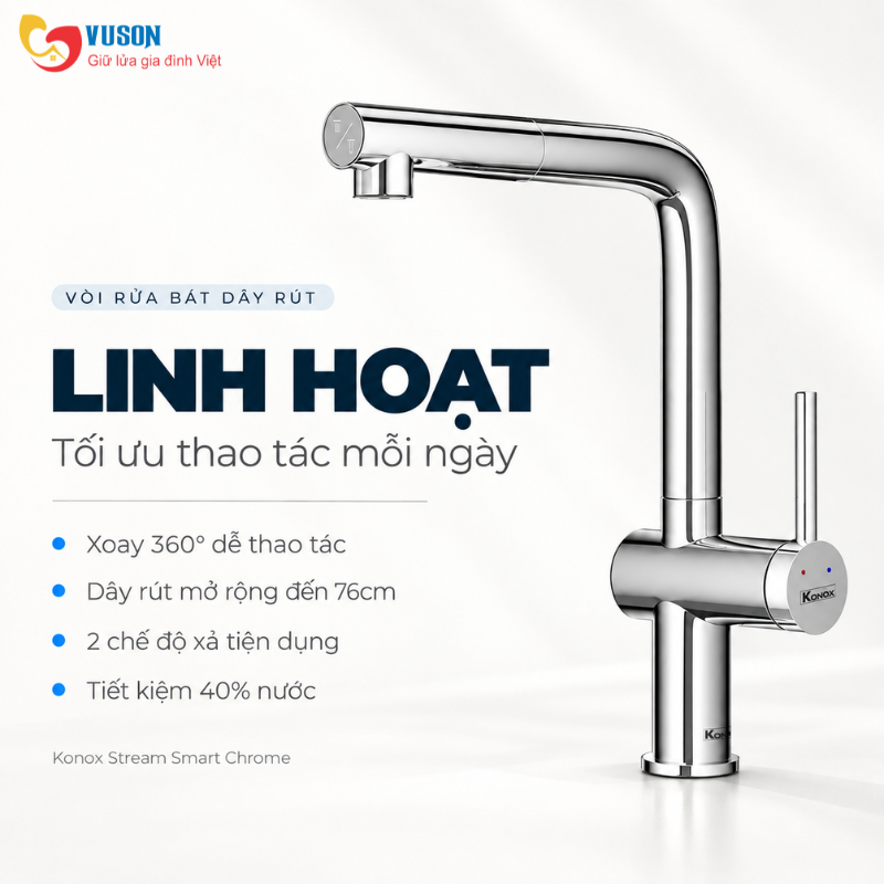Vòi rửa bát dây rút Konox Stream Smart Chrome