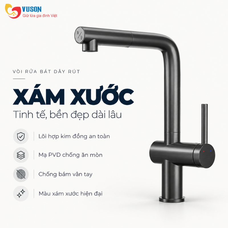 Vòi rửa bát dây rút Konox Stream Smart Gun Metal