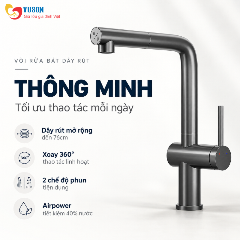 Vòi rửa bát dây rút Konox Stream Smart Gun Metal