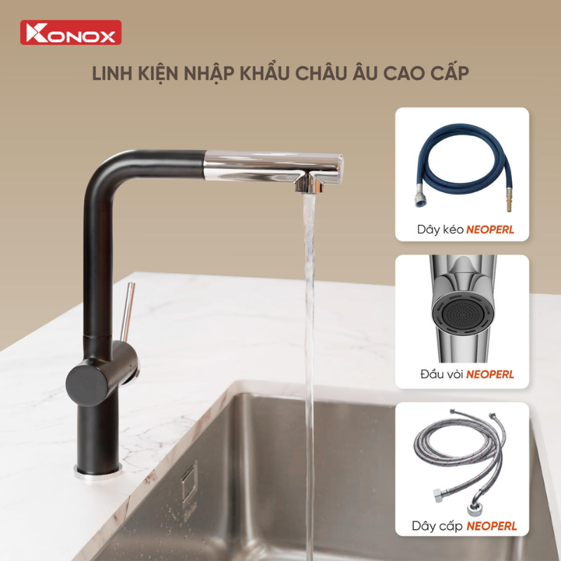 Vòi rửa bát dây rút Konox Stream Smart Nude
