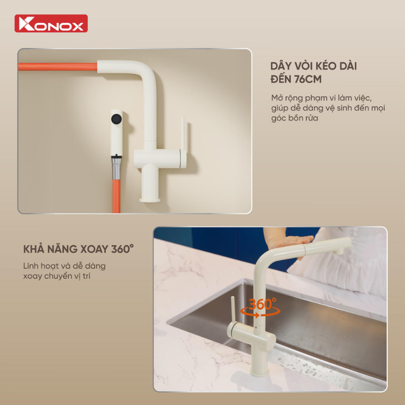 Vòi rửa bát dây rút Konox Stream Smart Nude