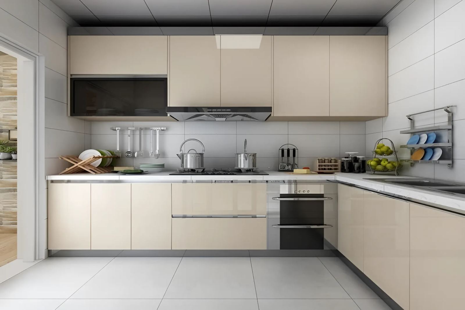 Tủ bếp gỗ Acrylic màu trắng sữa chữ L âm tường có bàn đảo và hệ tủ khô – TBT826