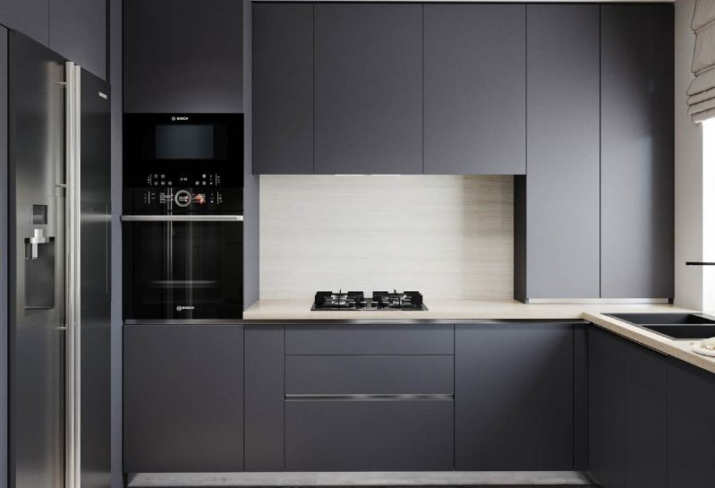 Tủ bếp chữ L gỗ MDF phủ Laminate màu xám mù nguyên khối đẹp hiện đại – TBT1587