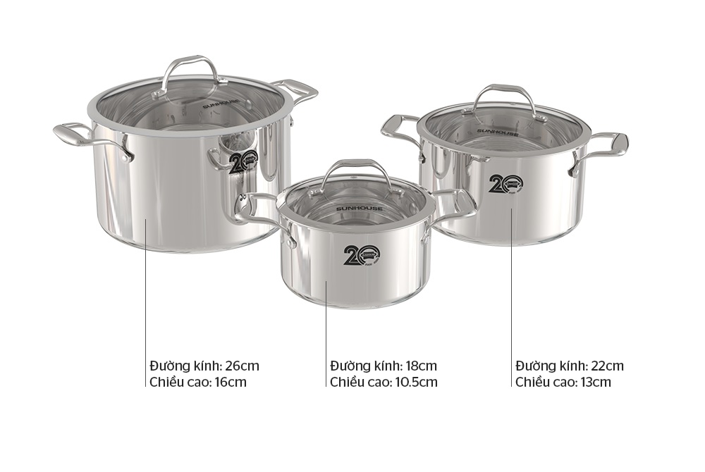 Bộ nồi inox đa lớp Sunhouse MAMA SHG2020