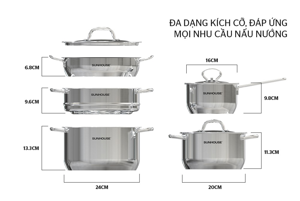 Bộ nồi, chảo inox 5 đáy Sunhouse SHG995