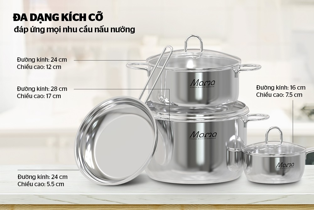 Bộ nồi, chảo inox Sunhouse MAMA MMB2021