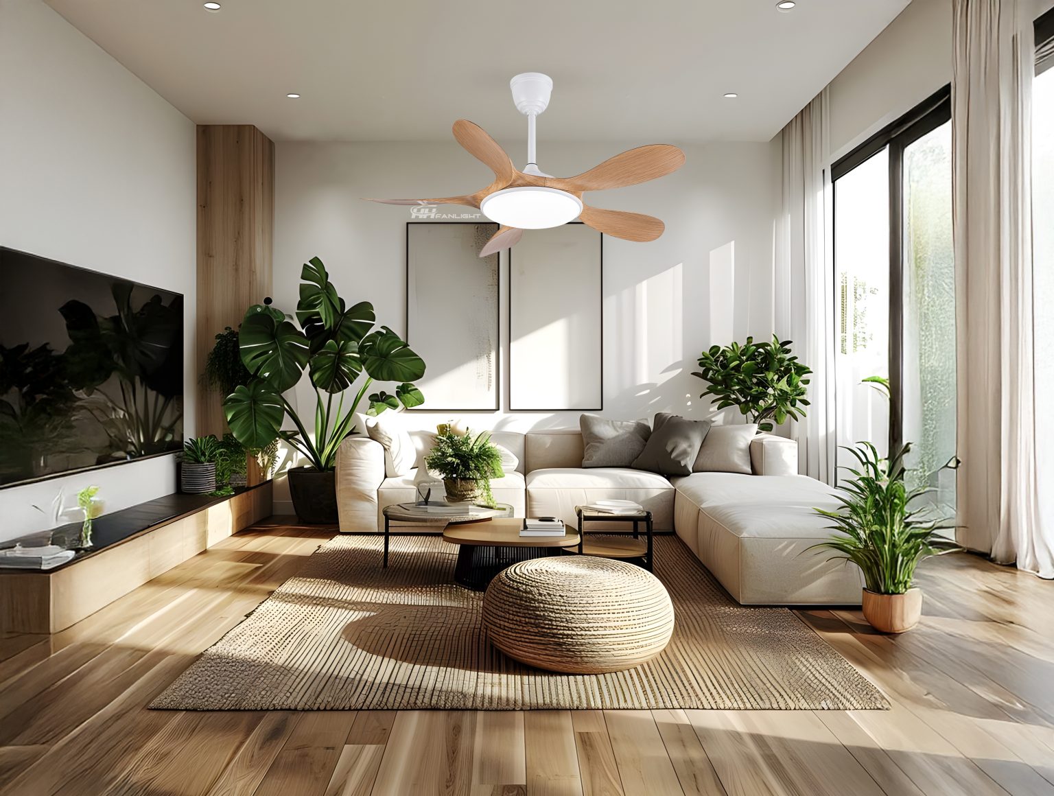 Quạt trần 5 cánh họa tiết gỗ FL HD-504 trang trí phòng khách